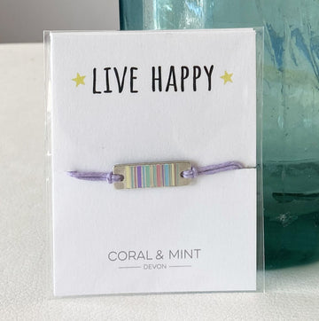 Live Happy -Pastel striped bar charm Coral and Mint